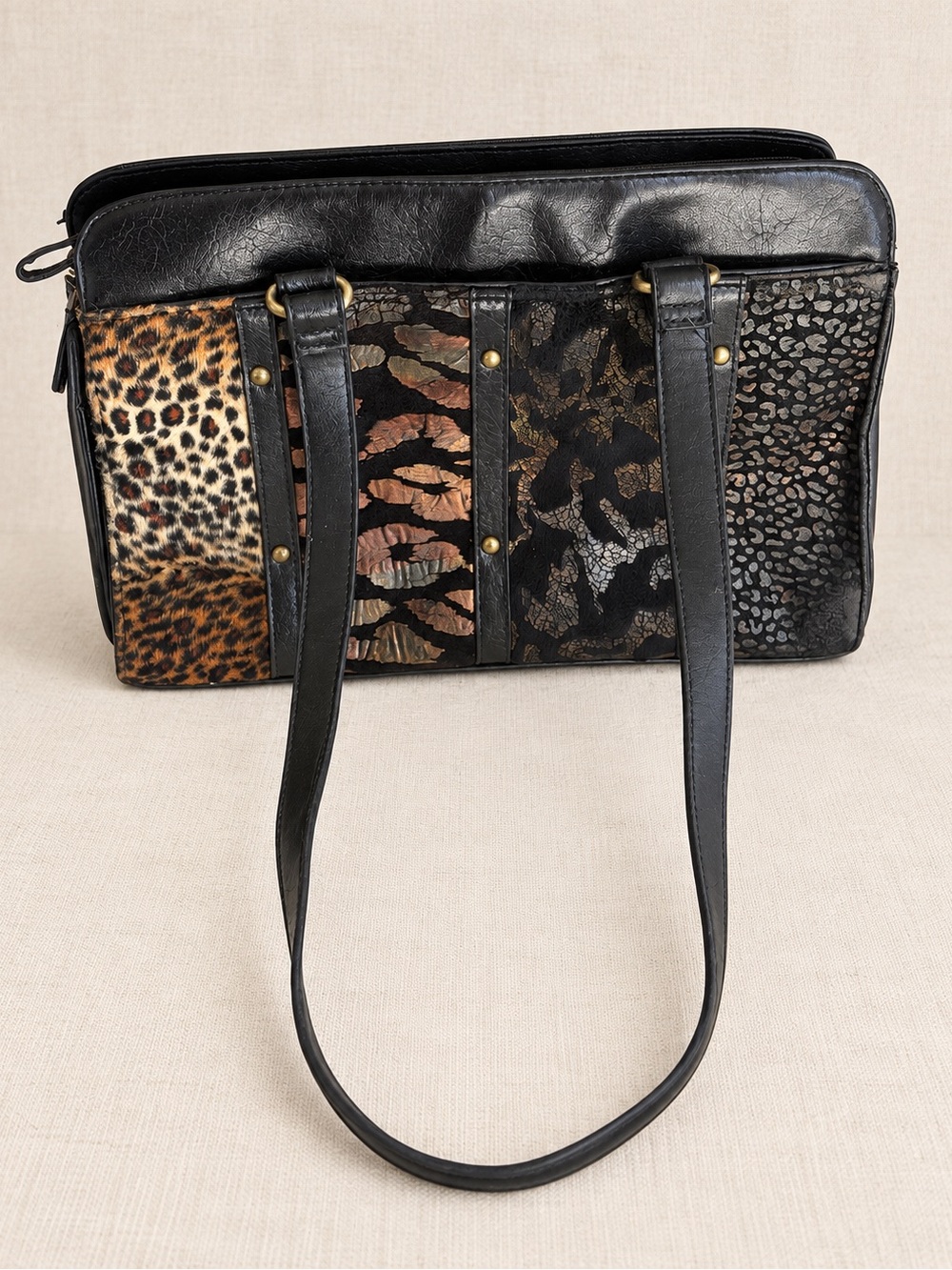 Vintage Y2K Maggie Barnes Animal Print Shoulder Bag Faux Fur Black - Picture 2 of 9
